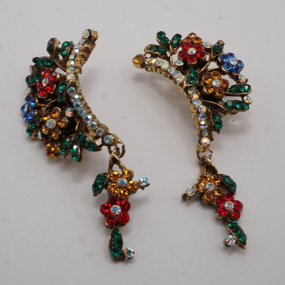 DeMario Stamped Multi Color Rhinestone Floral Ear Climber Clip Post Earrings
